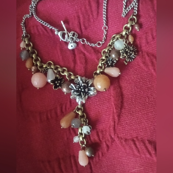 Fossil Necklace Gorgeous Drop With Mixed Metal Flowers And Neutral Beads - Picture 1 of 6